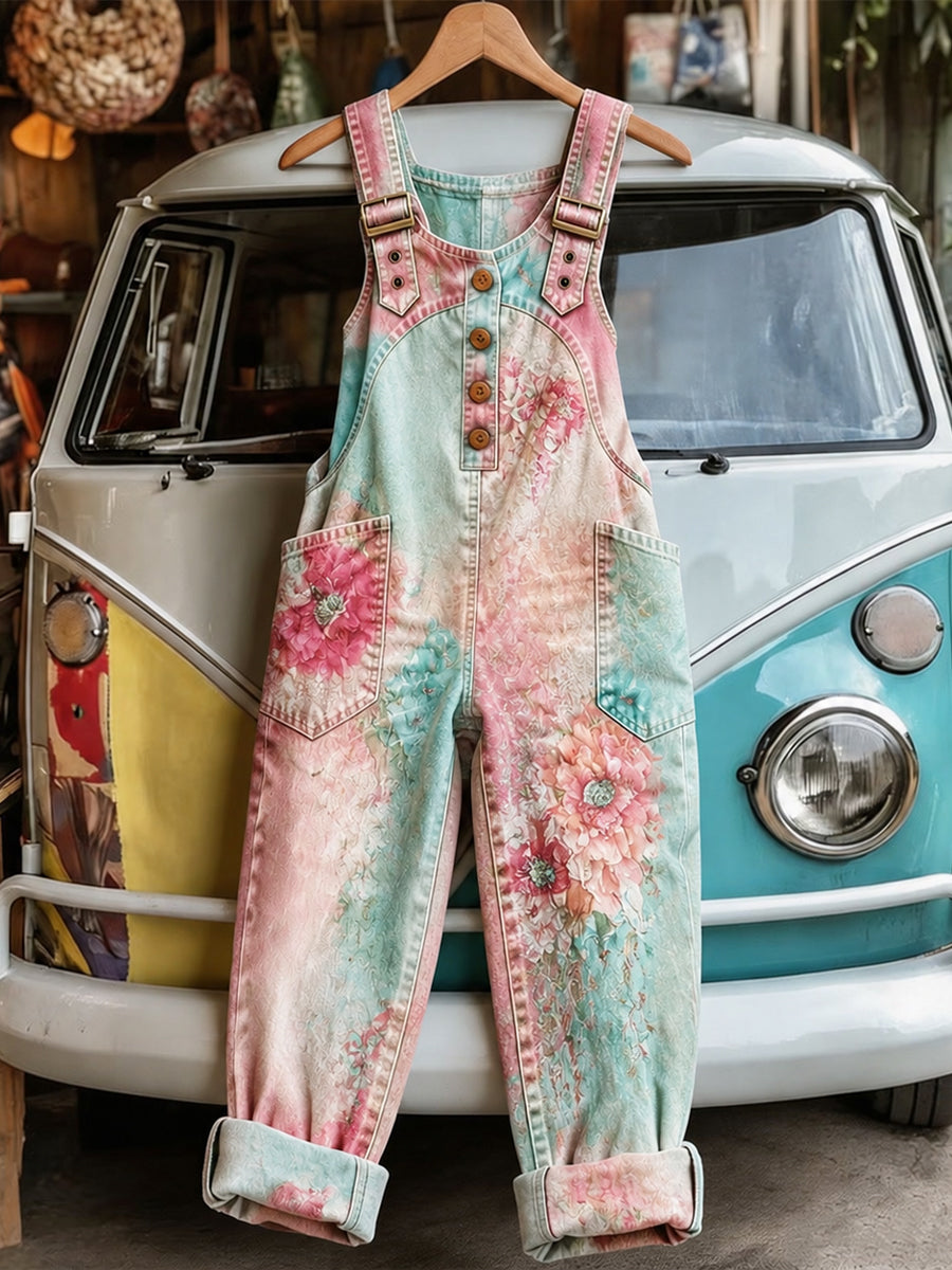 Women's Retro Style Art Print Washed Cotton Denim Patchwork Jumpsuit