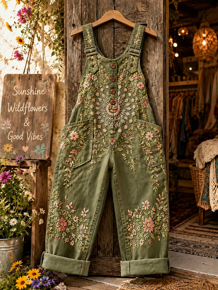 Women's Retro Style Art Print Washed Cotton Denim Patchwork Jumpsuit