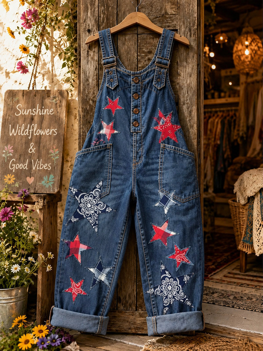 Women's Retro Style Art Print Washed Cotton Denim Patchwork Jumpsuit