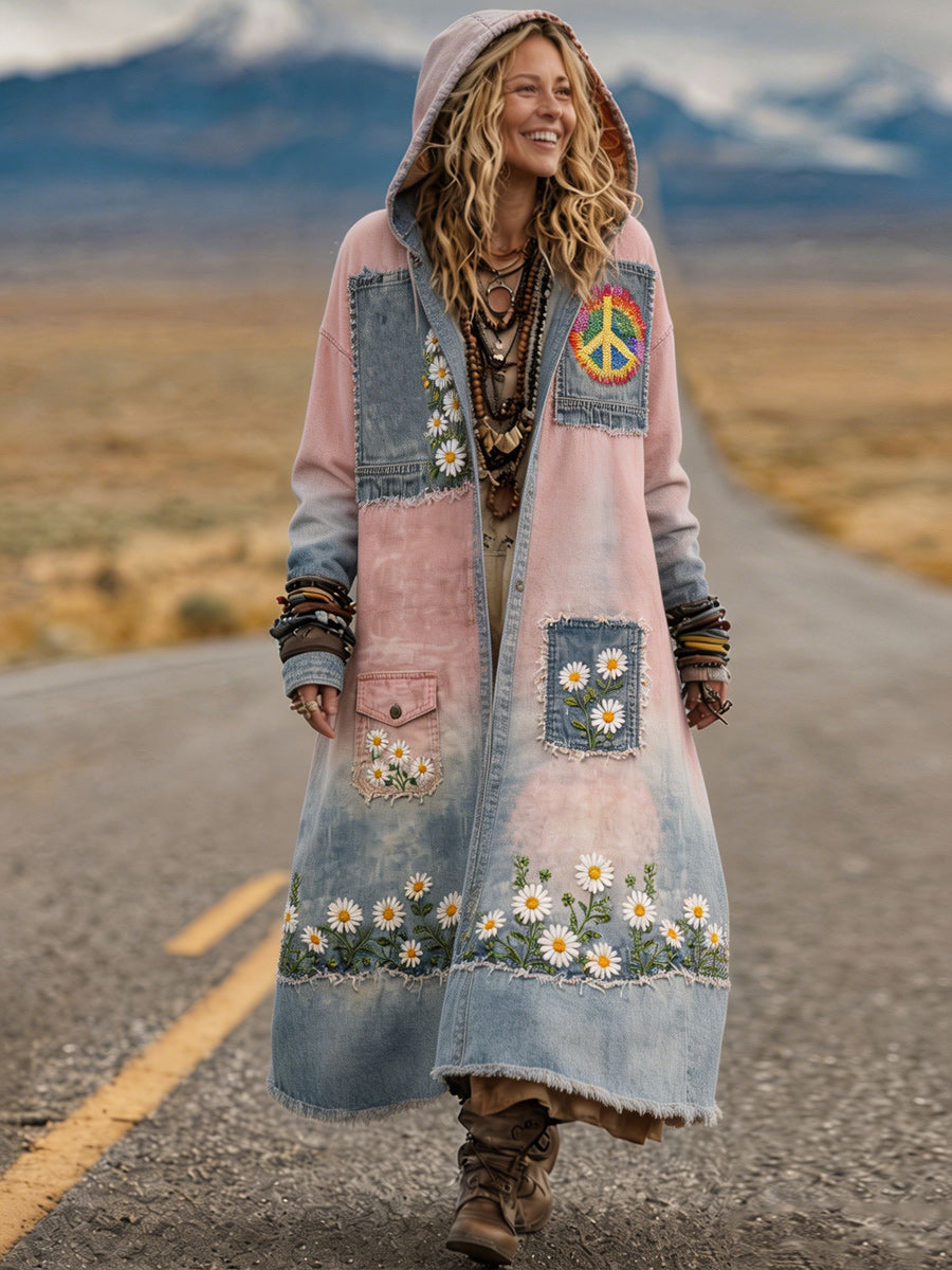 Retro Bohemian Style Art Printed Cotton Buttoned Hooded Casual Loose Long-Sleeved Shirt