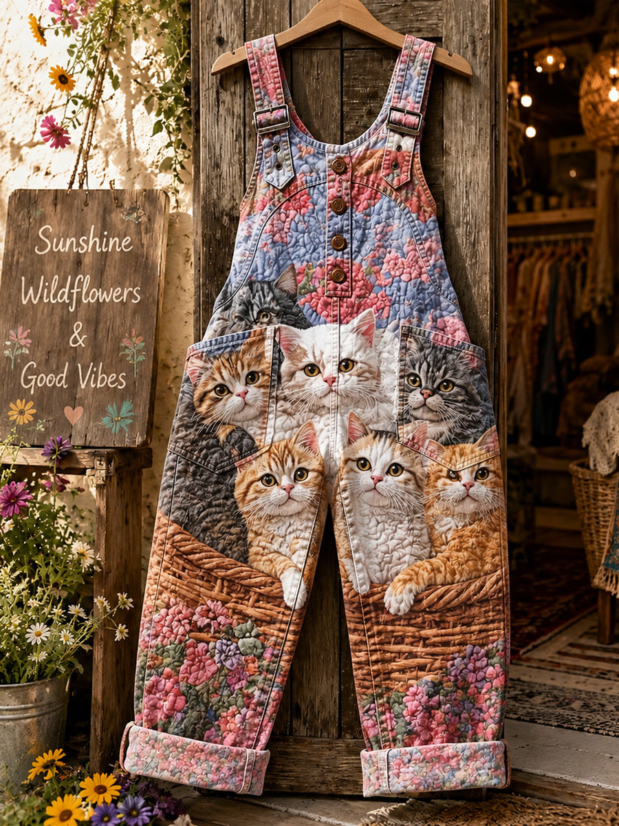 Women's Retro Style Art Print Washed Cotton Denim Patchwork Jumpsuit