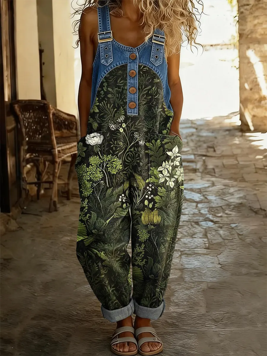 Women's Vintage Floral Art Print Washed Cotton Denim Patchwork Jumpsuit