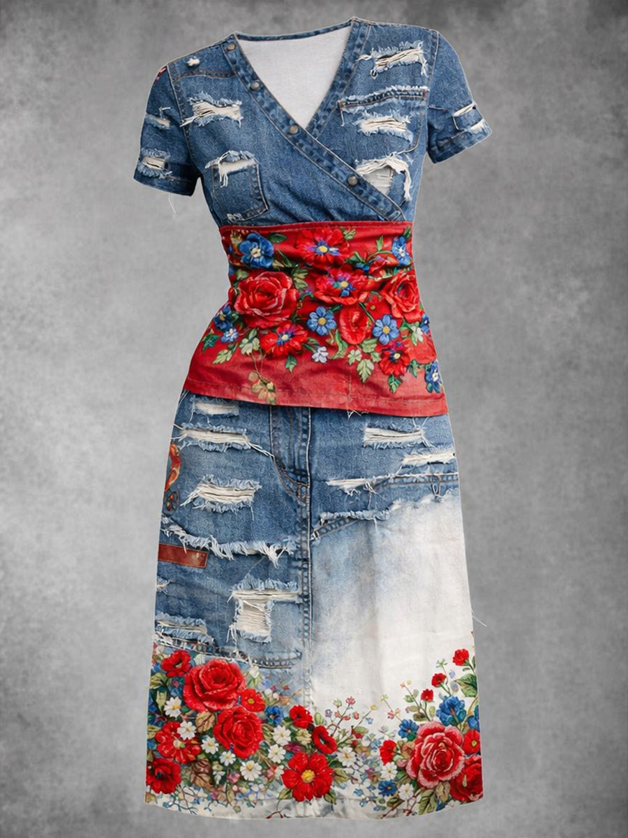Retro Denim Rose Art Printed Vintage V-Neck Pleated Waist Short Sleeve Midi Dress