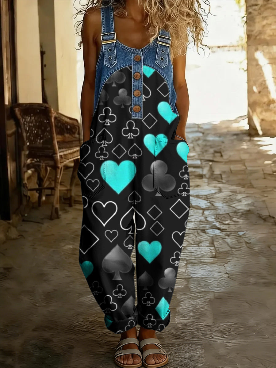 Women's Boho Style Art Print Washed Cotton Denim Patchwork Jumpsuit