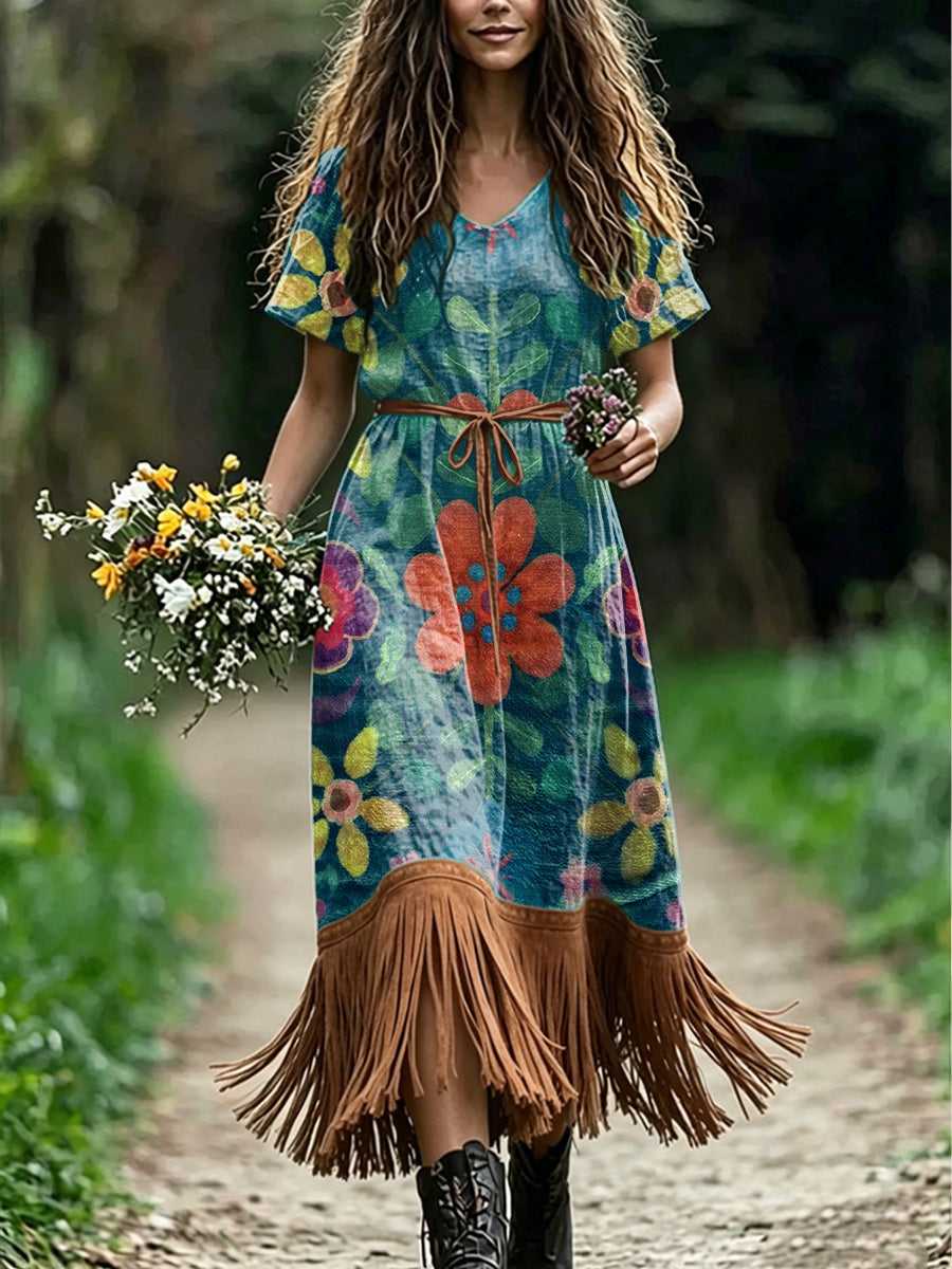 Women's Retro Floral Art Print Casual Vintage V-Neck Short-Sleeve Tassel Dress