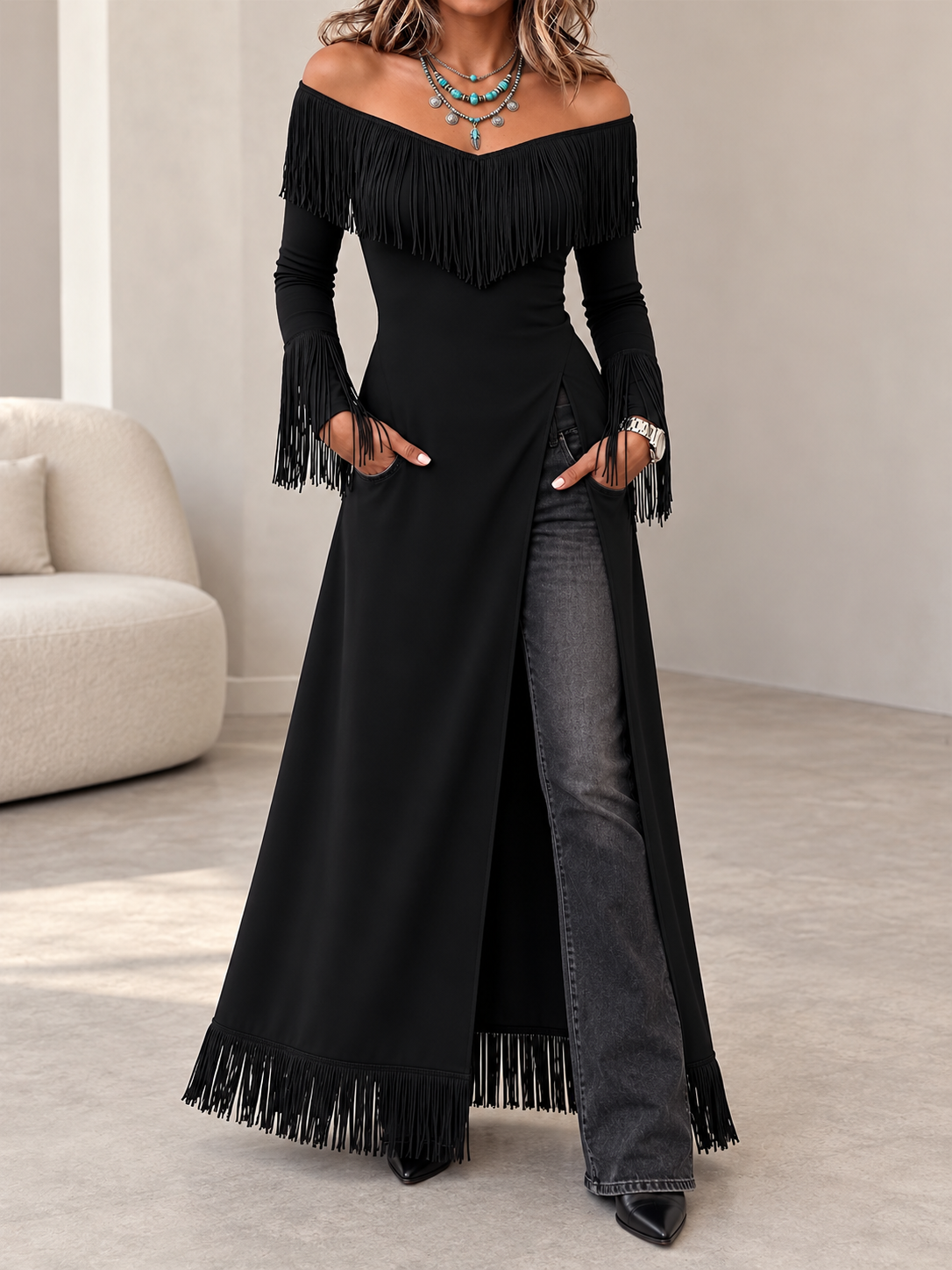 Western Fringe Off Shoulder Split Maxi Tunic