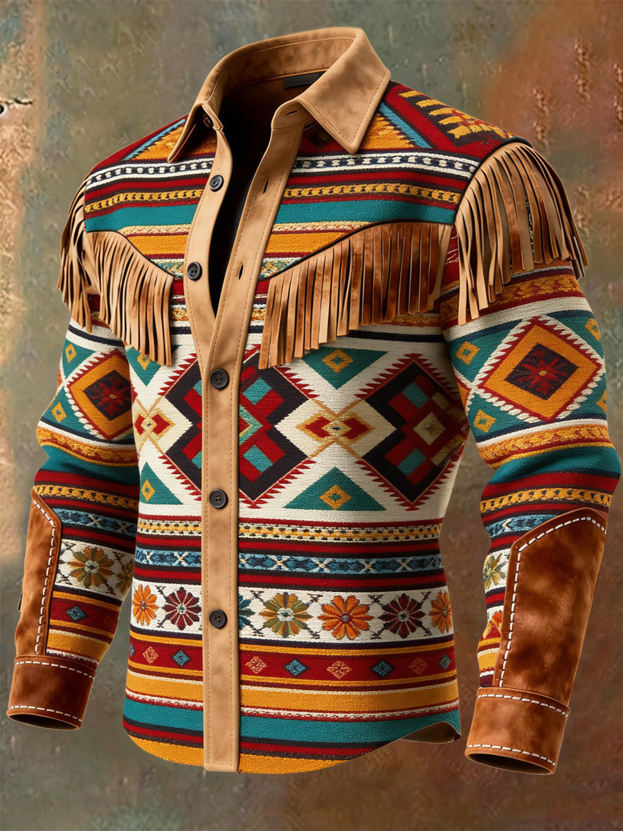 Men's Retro Western Style Art Print Vintage Tassel Casual Long Sleeve Shirt
