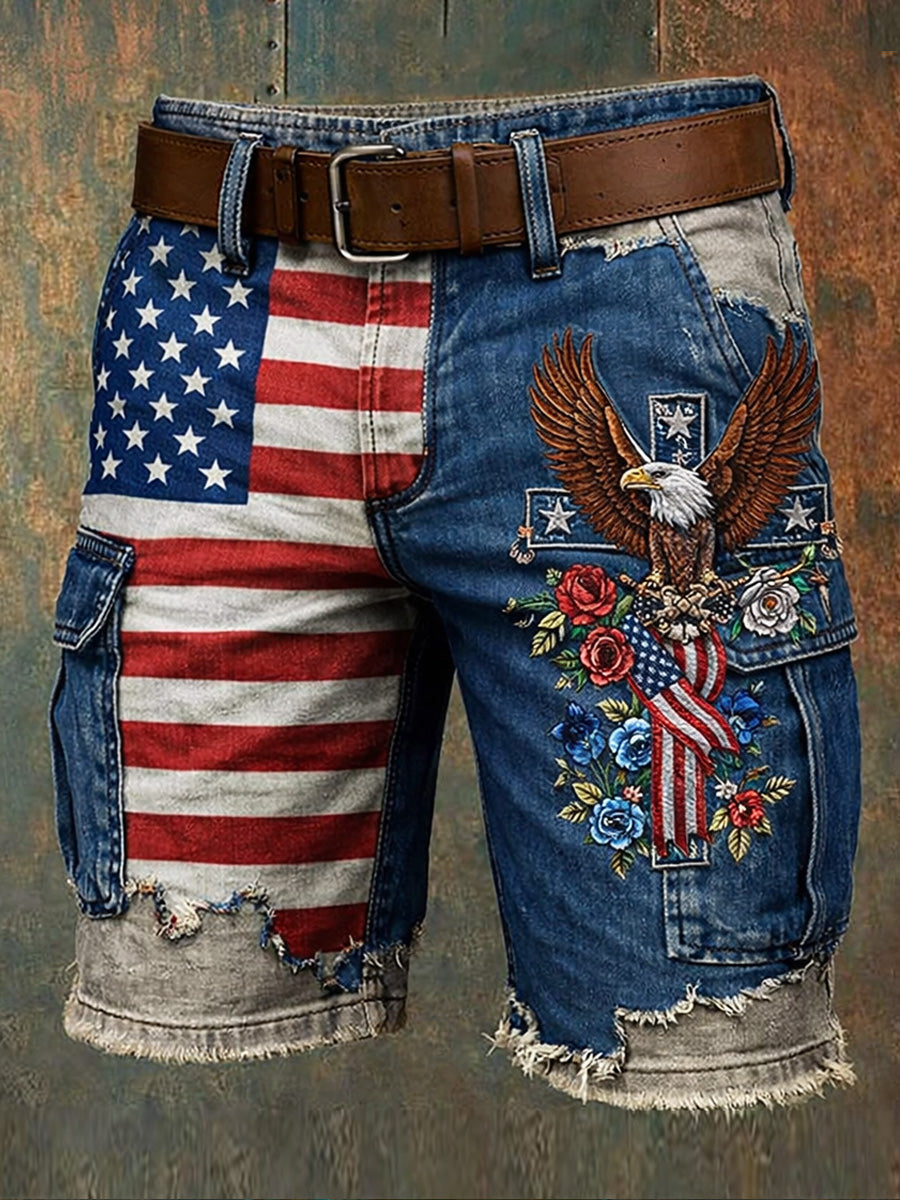 Men's Retro Style USA Flag Art Print Casual Loose Pocket Work Shorts
