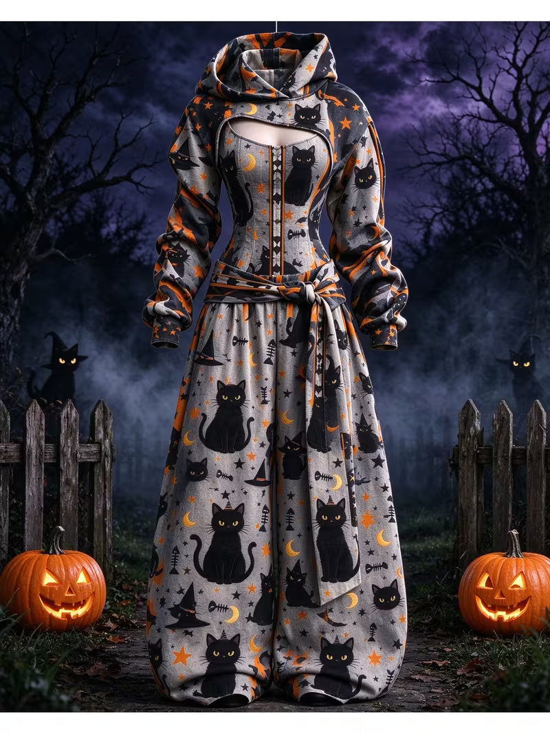 Women's Gothic Art Print Long Sleeve Hooded Shrug Tank top Wide Leg Pants 3PCS