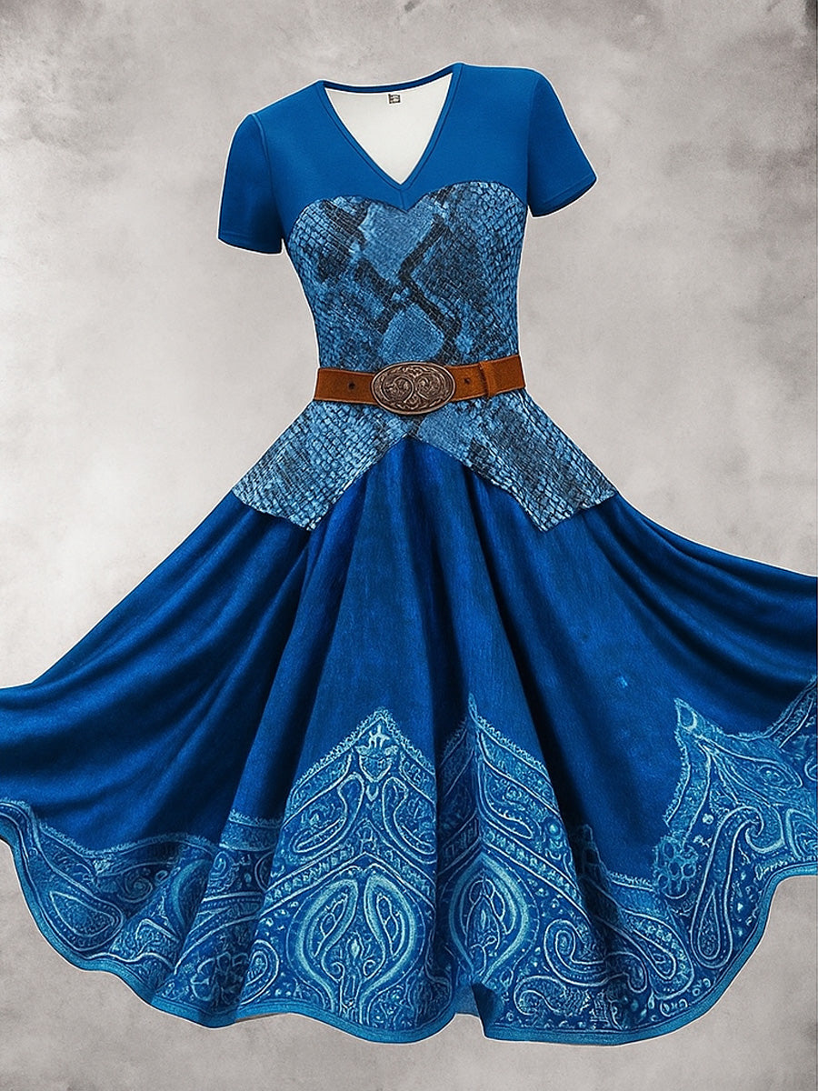 Retro Floral Carved Artistic Texture Printed Vintage V-Neck Short Sleeve Midi Dress