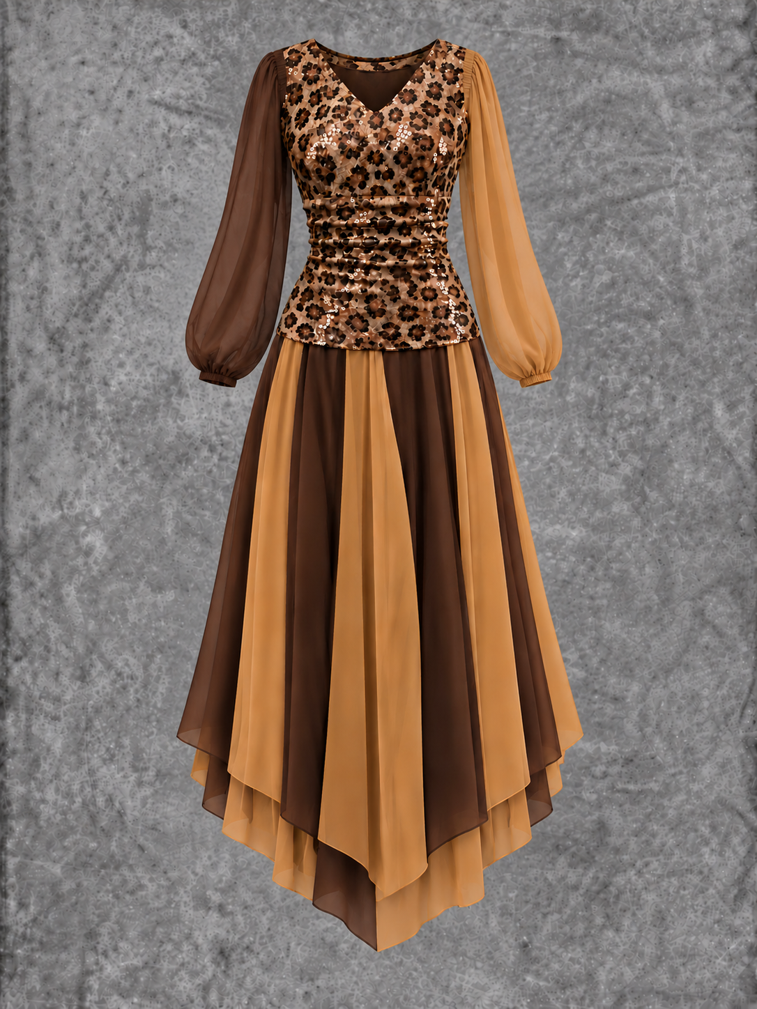 Women's Vintage Leopard Print Layered Chiffon Maxi Dress