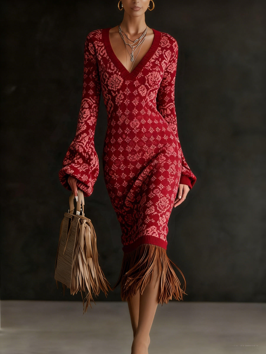 Retro Floral Art Print Vintage V-Neck Pit Striped Knitted Tassels Long-Sleeve Midi Dress
