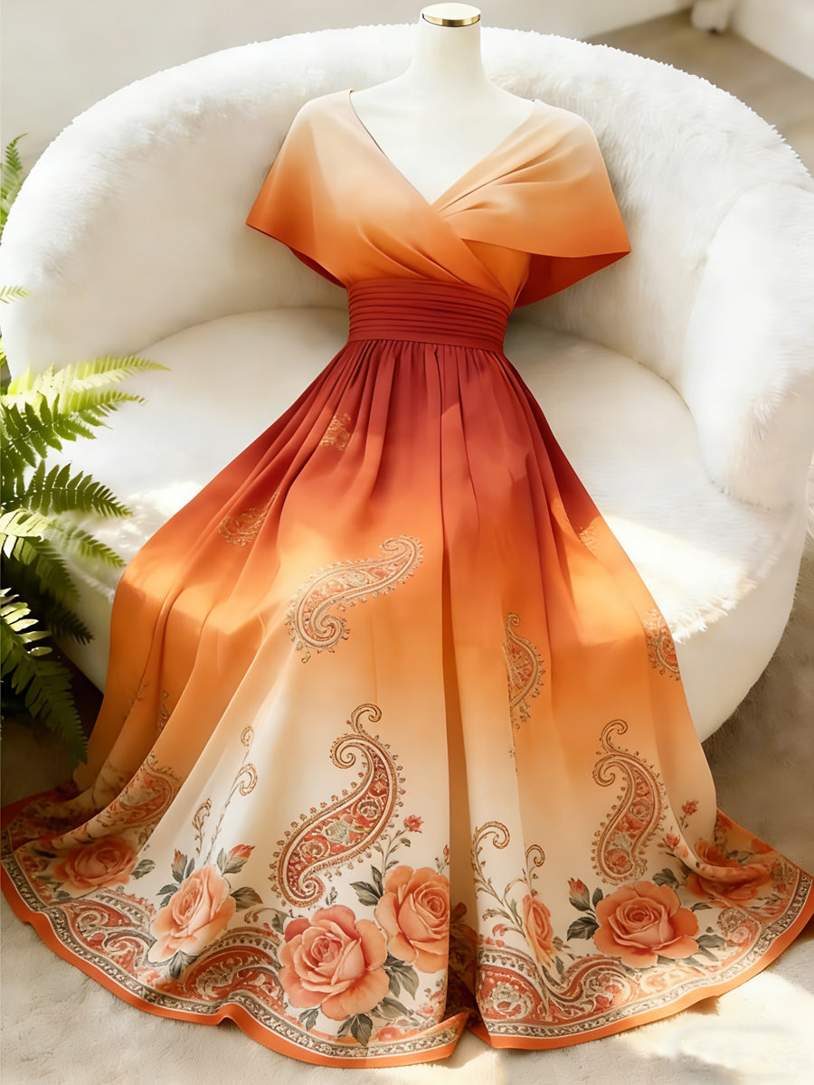 Retro Floral Art Printed Elegant V-Neck Vintage Batwing Short Sleeve Maxi Dress