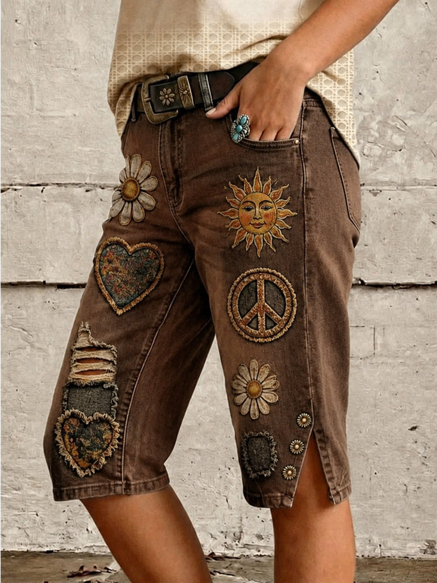 Retro Style Floral Art Print Vintage Casual Denim Shorts