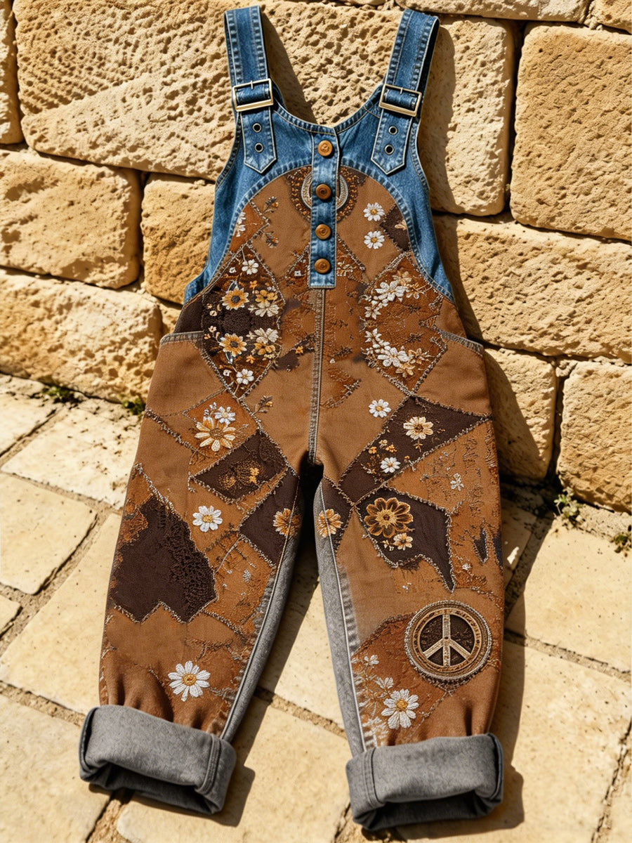Women's Retro Style Art Print Washed Cotton Denim Patchwork Jumpsuit