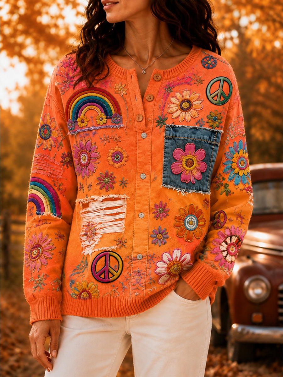 Women's Retro Autumn Art Print Knit Sweater