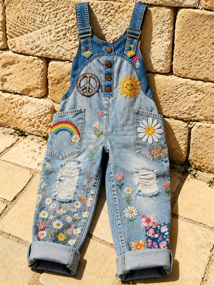 Women's Retro Style Art Print Washed Cotton Denim Patchwork Jumpsuit