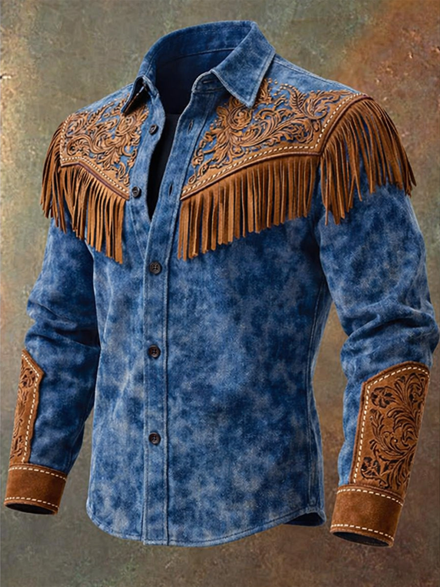 Men's Retro Western Style Print Vintage Tassel Casual Long Sleeve Shirt
