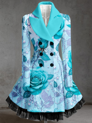 Retro Artistic Floral Print Vintage Elegance Lapel Button Up Long Sleeve Coat Dress