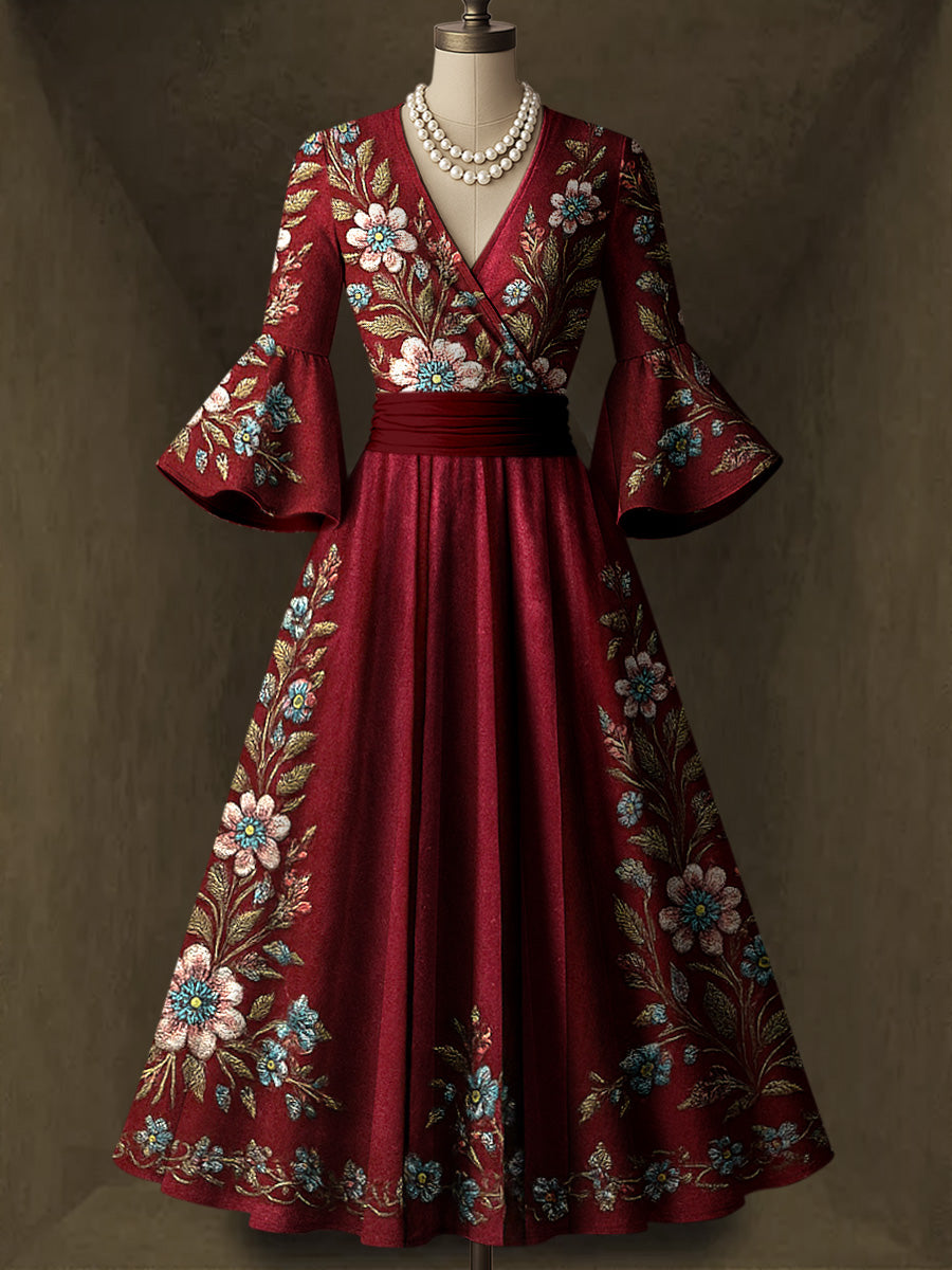 Retro Floral Carved Art Printed V-Neck Vintage Chic Pleated Waist Flare Sleeve Midi Dress