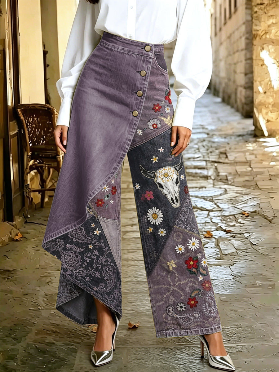 Women's Retro Hippie Art Print Casual Style Irregular Wide Leg Pants