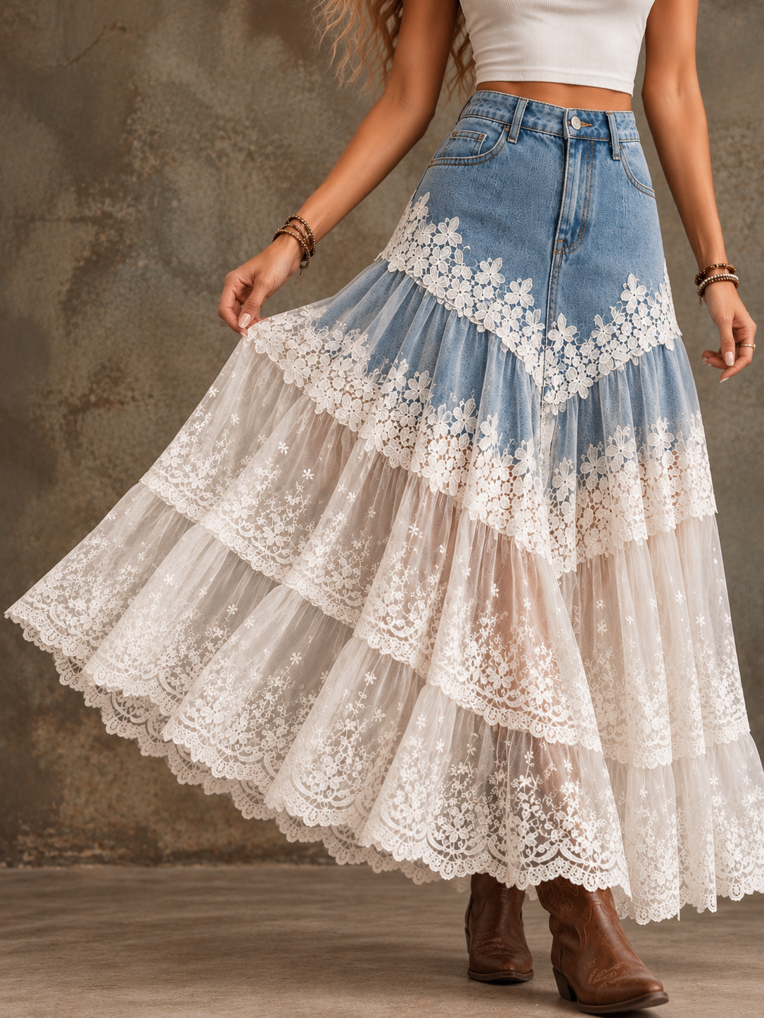 Women's Vintage Denim Patchwork Tiered Lace Midi Skirt