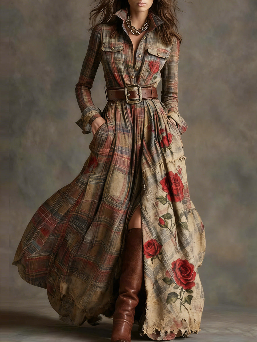 Retro Floral Art Texture Printed V-Neck Vintage Pocket-Style Long Sleeve Maxi Dress