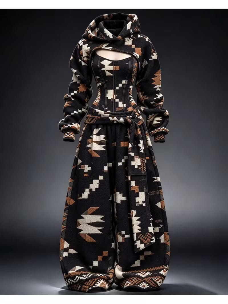 Women's Retro Art Print Long Sleeve Hooded Shrug Tank top Wide Leg Pants 3PCS
