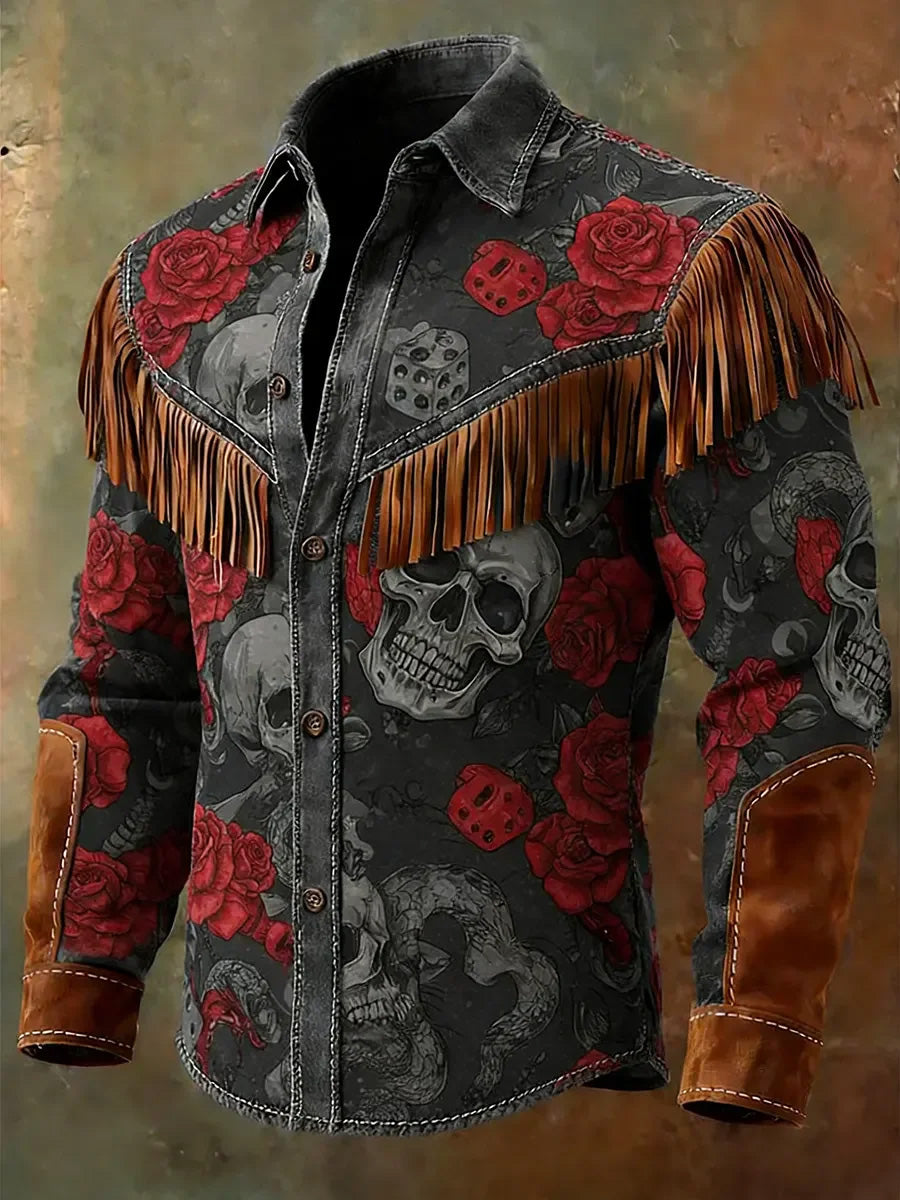 Men's Retro Western Style Print Vintage Tassel Casual Long Sleeve Shirt