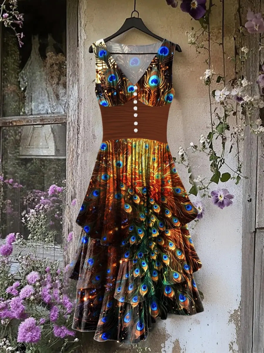 Retro Floral Art Print Vintage V-Neck Button Up Midi Dress