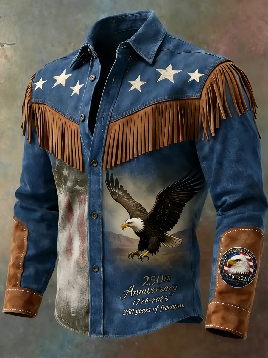 Men's USA Flag Art Western Style Print Vintage Tassel Casual Long Sleeve Shirt