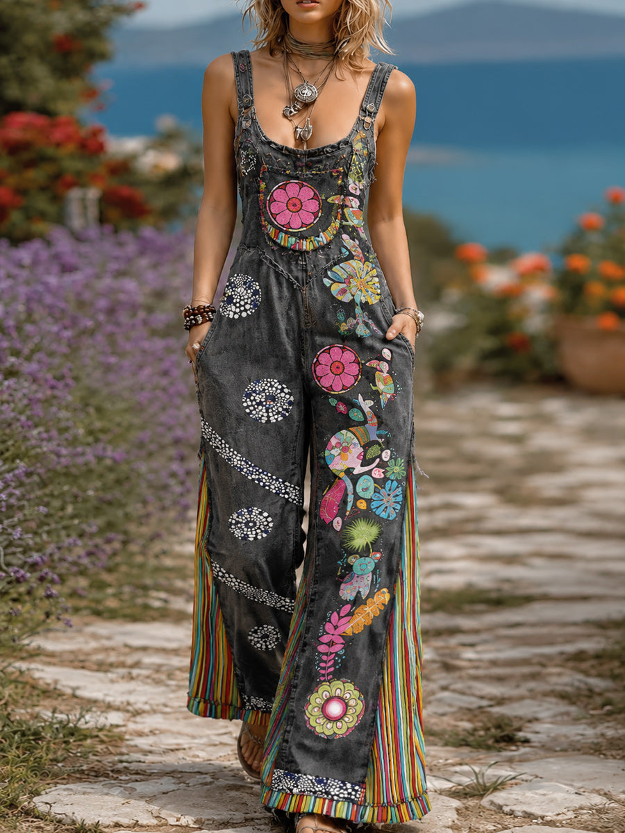 Women's Retro Style Art Print Washed Cotton Denim Patchwork Jumpsuit
