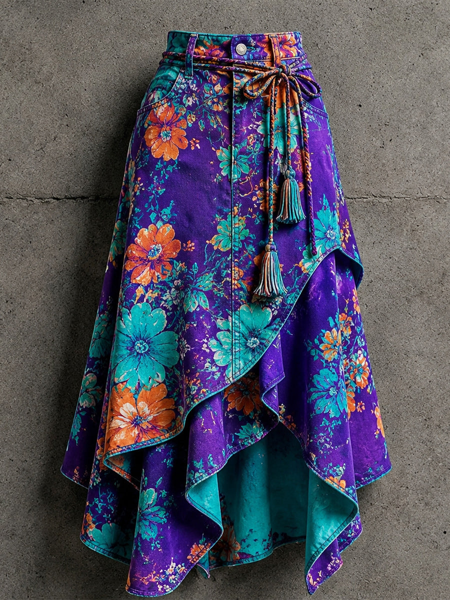 Women's Retro Style Art Print Irregularly Layered Stitched Skirt
