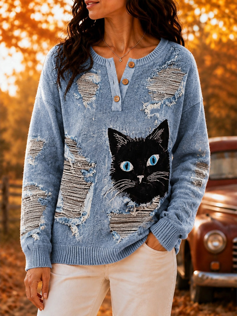 Women's Retro Autumn Art Print Knit Sweater