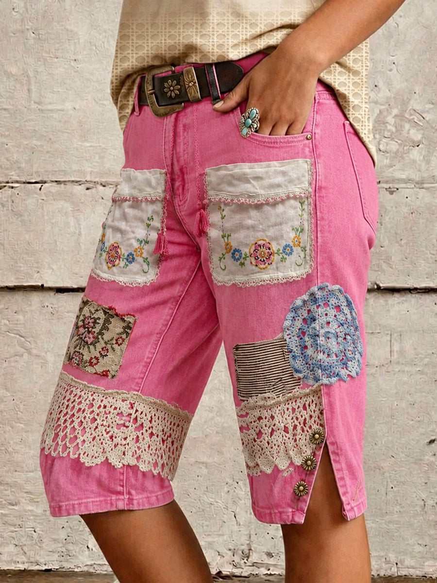 Retro Style Floral Art Print Vintage Casual Denim Shorts