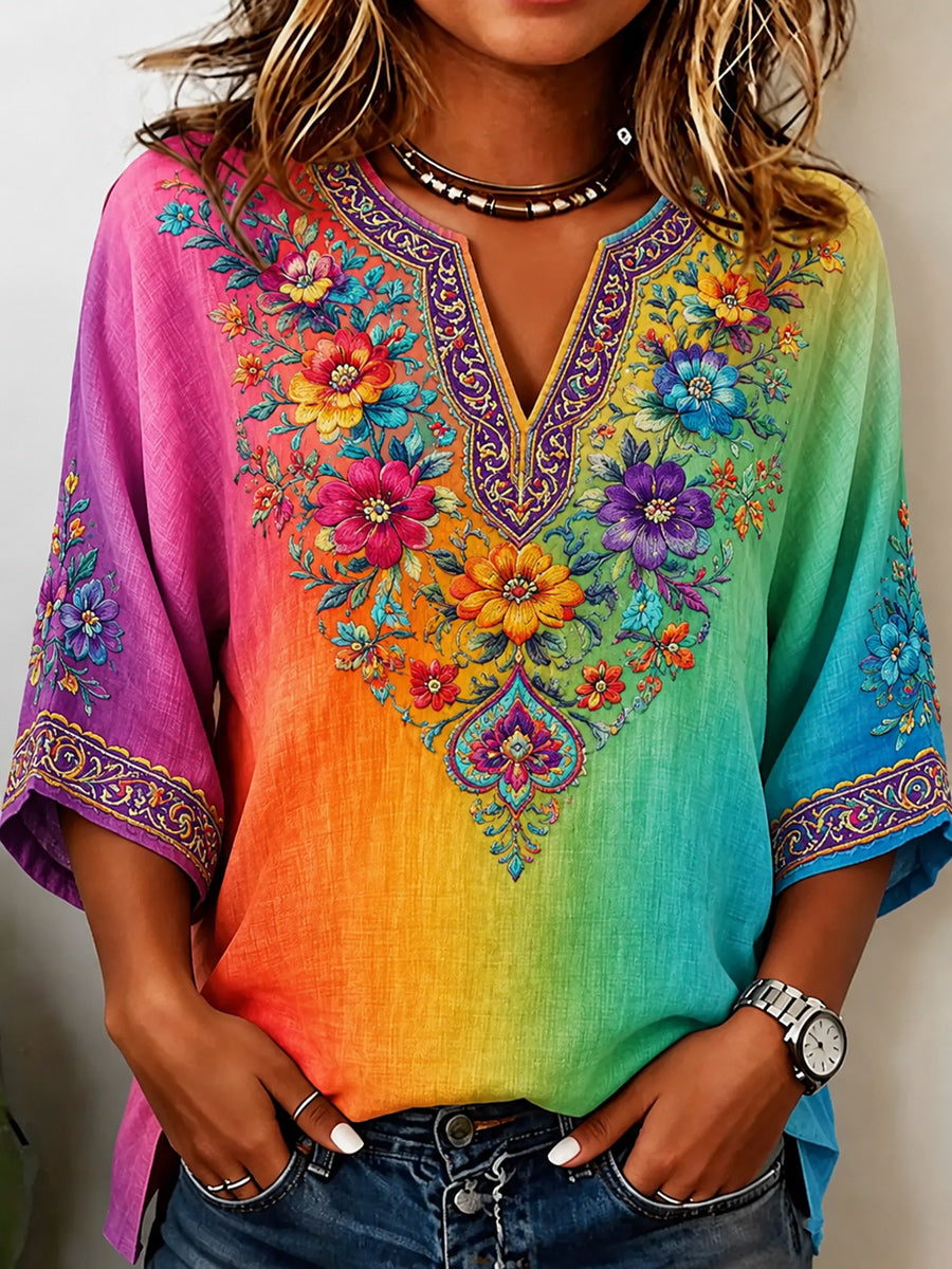 Retro Style Floral Art Printed Vintage V-Neck Casual Elbow Sleeve Top