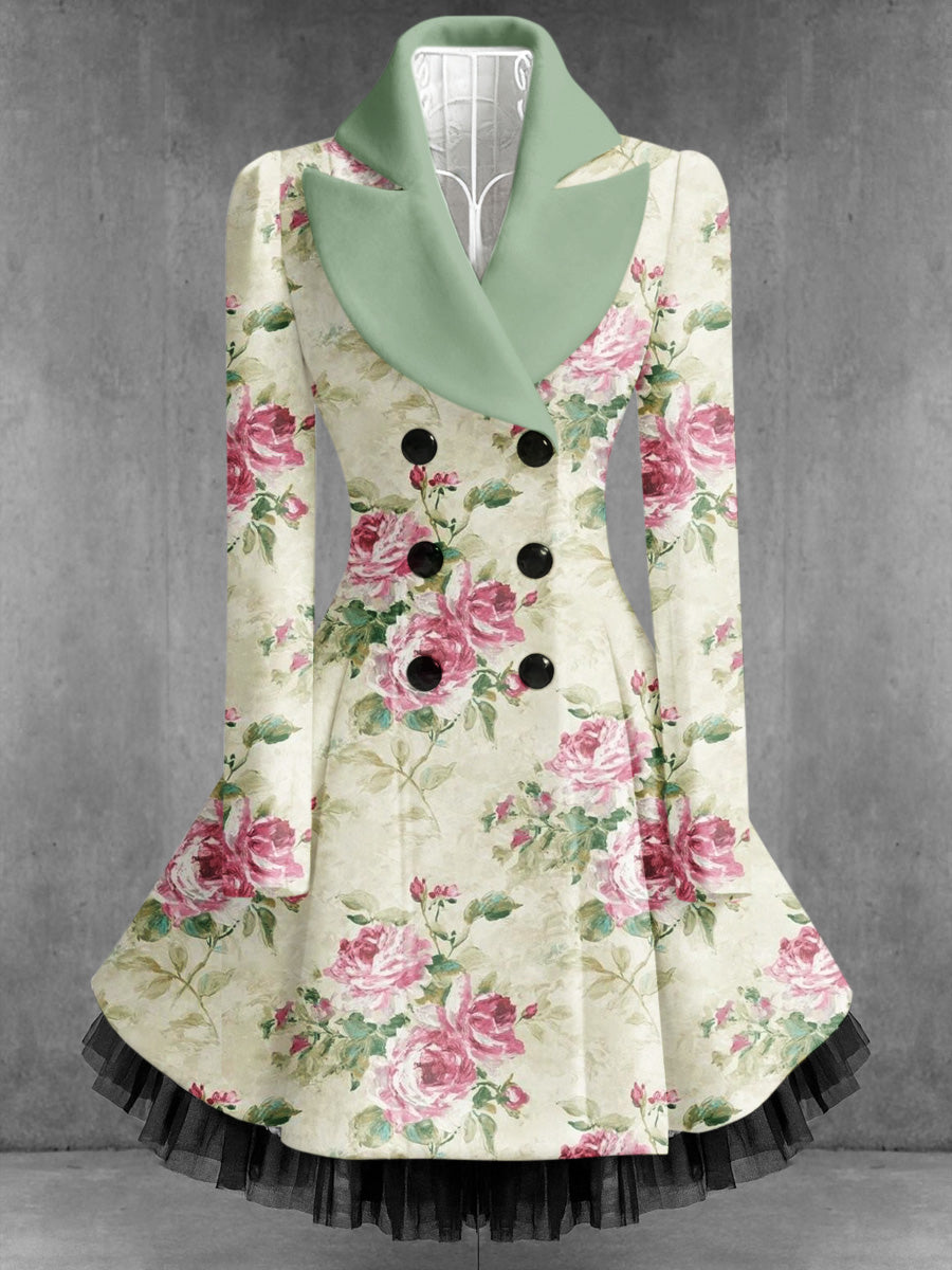 Retro Artistic Floral Print Vintage Elegance Lapel Button Up Long Sleeve Coat Dress
