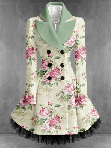 Retro Artistic Floral Print Vintage Elegance Lapel Button Up Long Sleeve Coat Dress