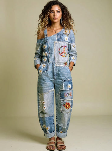 Women's Retro Floral Color-Blocked Art Print Washed Cotton Denim Patchwork Jumpsuit
