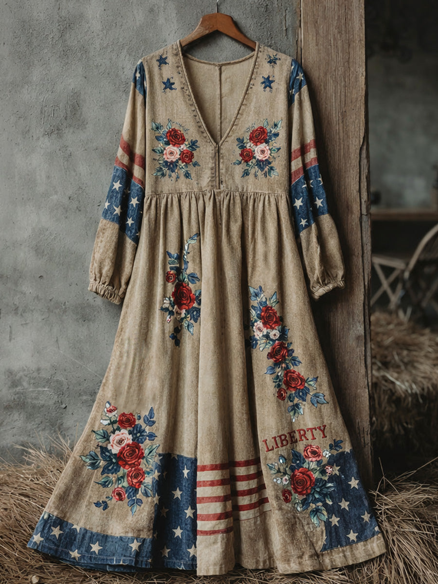 Retro USA Patriotic Flowers Art Print Casual Vintage V-Neck Pocket Long-Sleeve Maxi Dress