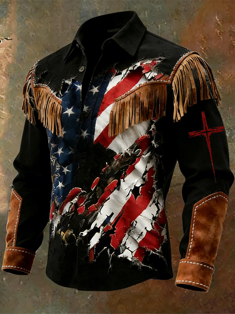 Men's Retro Western USA Flag Business Style Art Print Vintage Tassel Casual Long Sleeve Shirt
