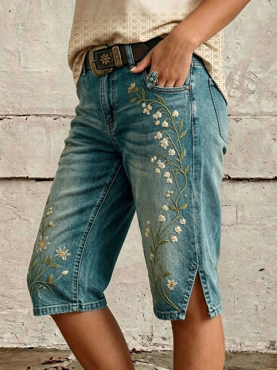 Retro Style Floral Print Vintage Casual Denim Shorts