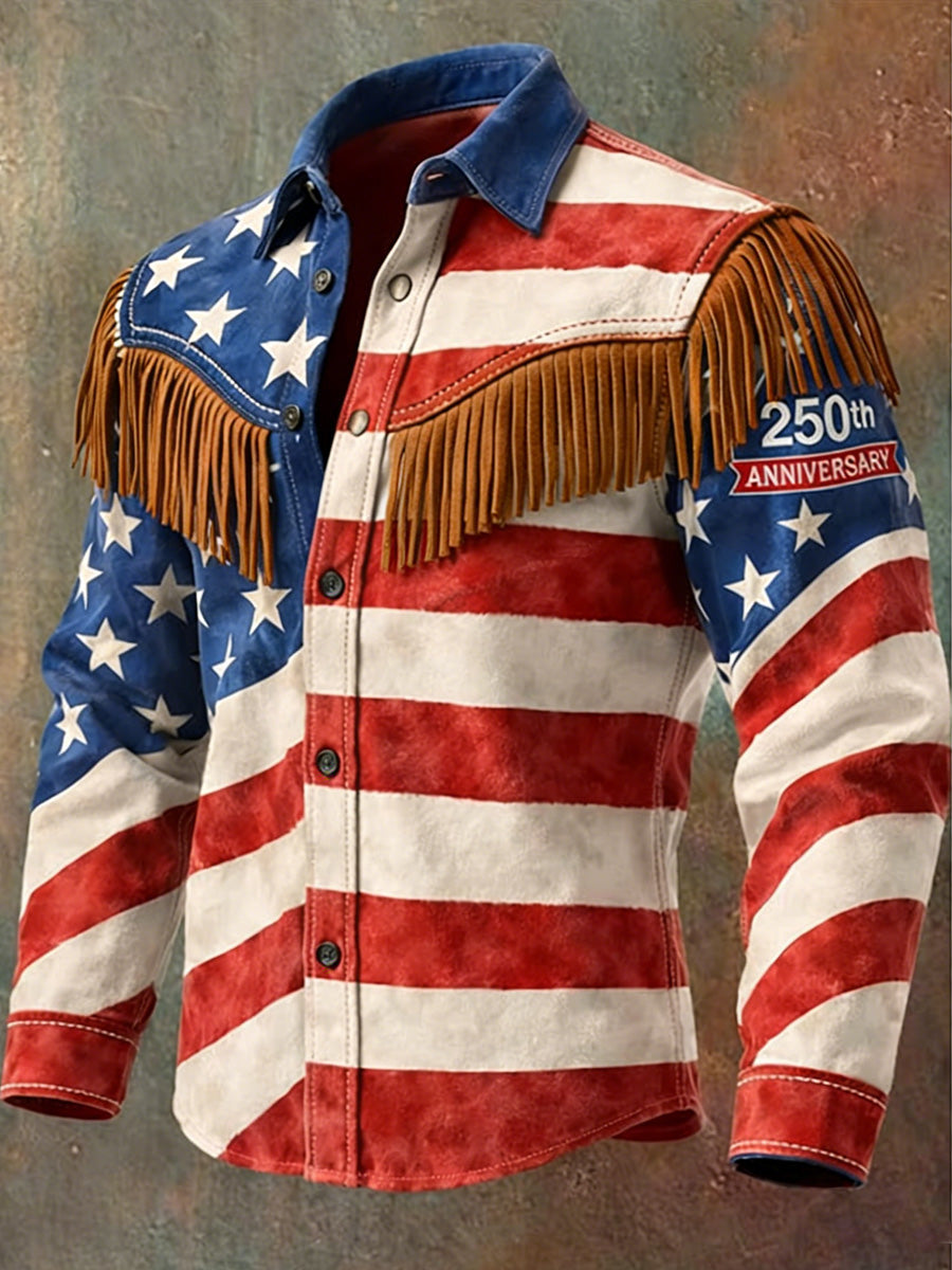 Men's Retro Western Style 250th Anniversary Print Vintage Tassel Casual Long Sleeve Shirt