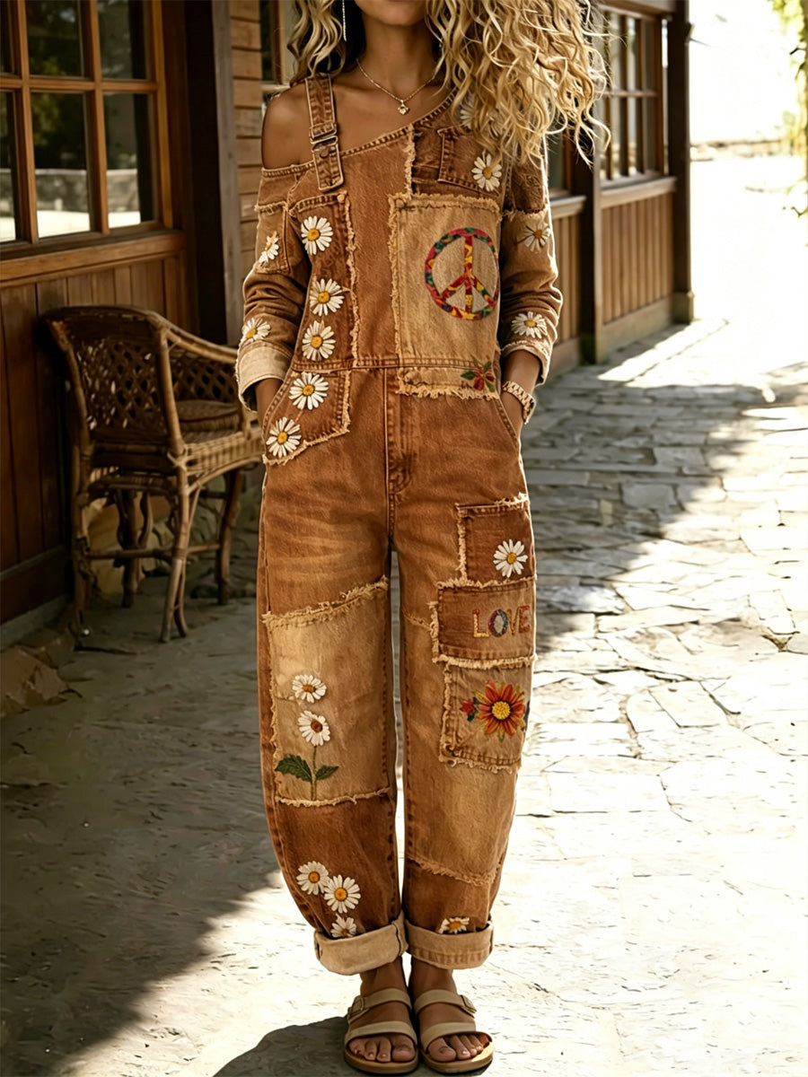 Women's Retro Floral Color-Blocked Art Print Washed Cotton Denim Patchwork Jumpsuit