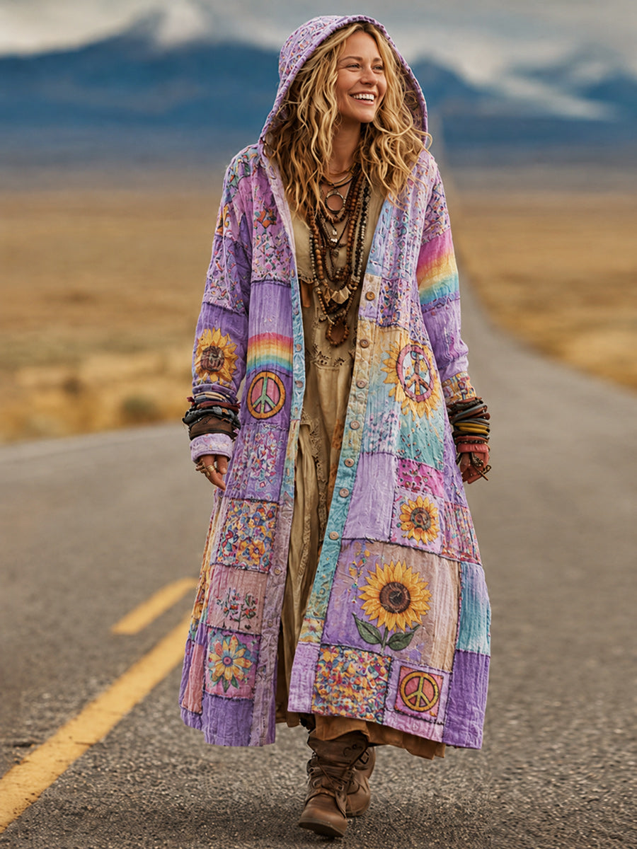 Retro Bohemian Style Art Printed Cotton Buttoned Hooded Casual Loose Long-Sleeved Shirt