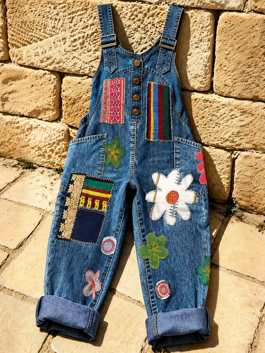 Women's Retro Style Art Print Washed Cotton Denim Patchwork Jumpsuit