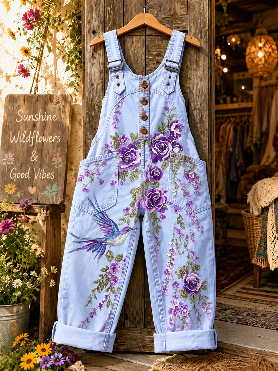 Women's Retro Style Art Print Washed Cotton Denim Patchwork Jumpsuit
