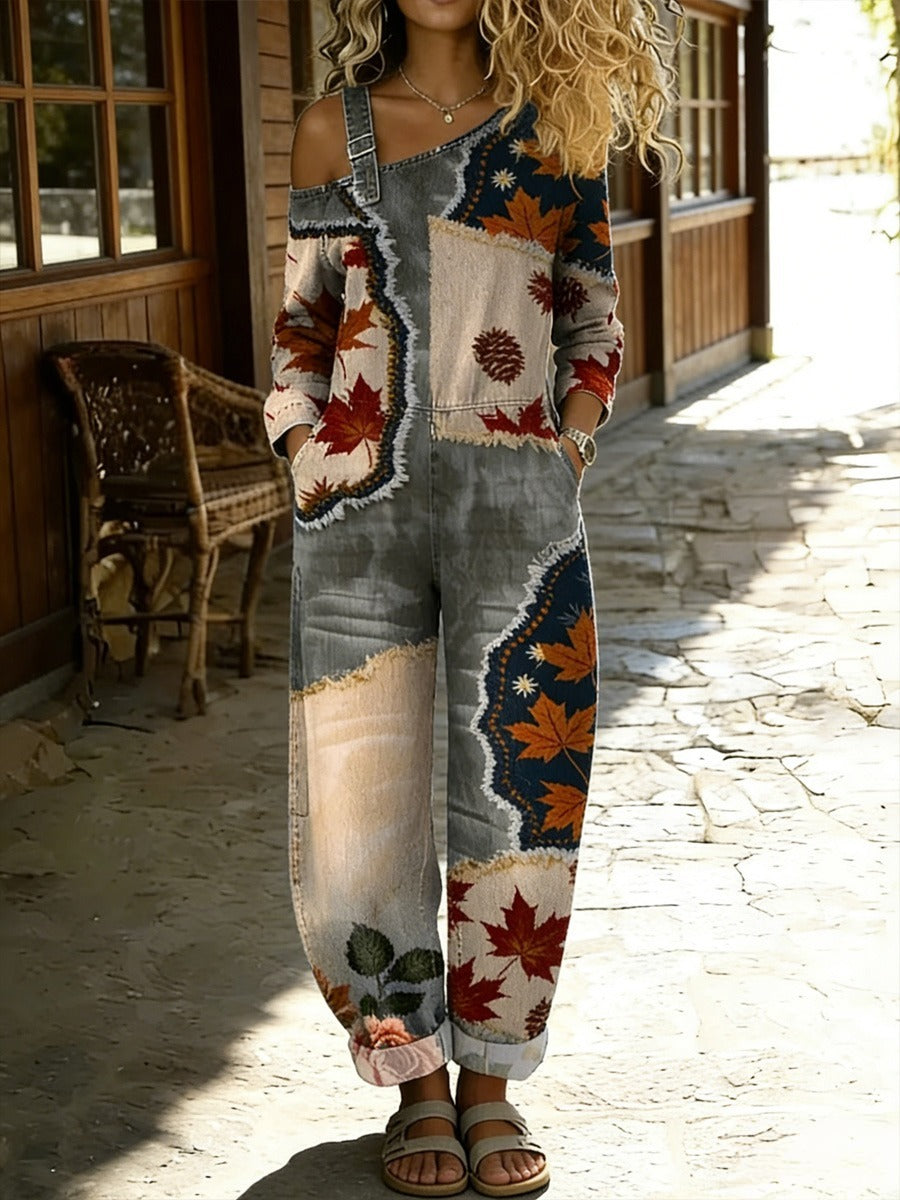 Women's Retro Floral Color-Blocked Art Print Washed Cotton Denim Patchwork Jumpsuit