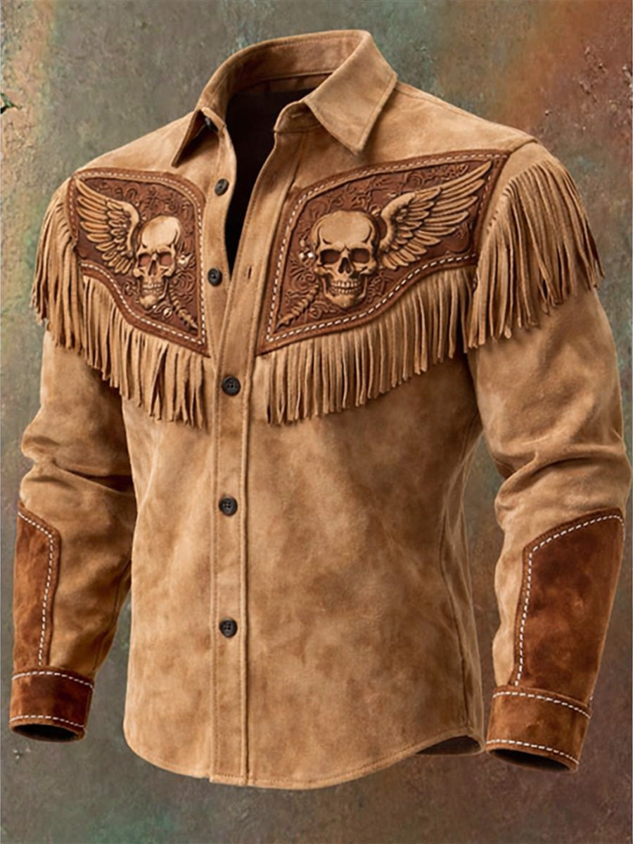 Men's Retro Western Style Art Print Vintage Tassel Casual Long Sleeve Shirt