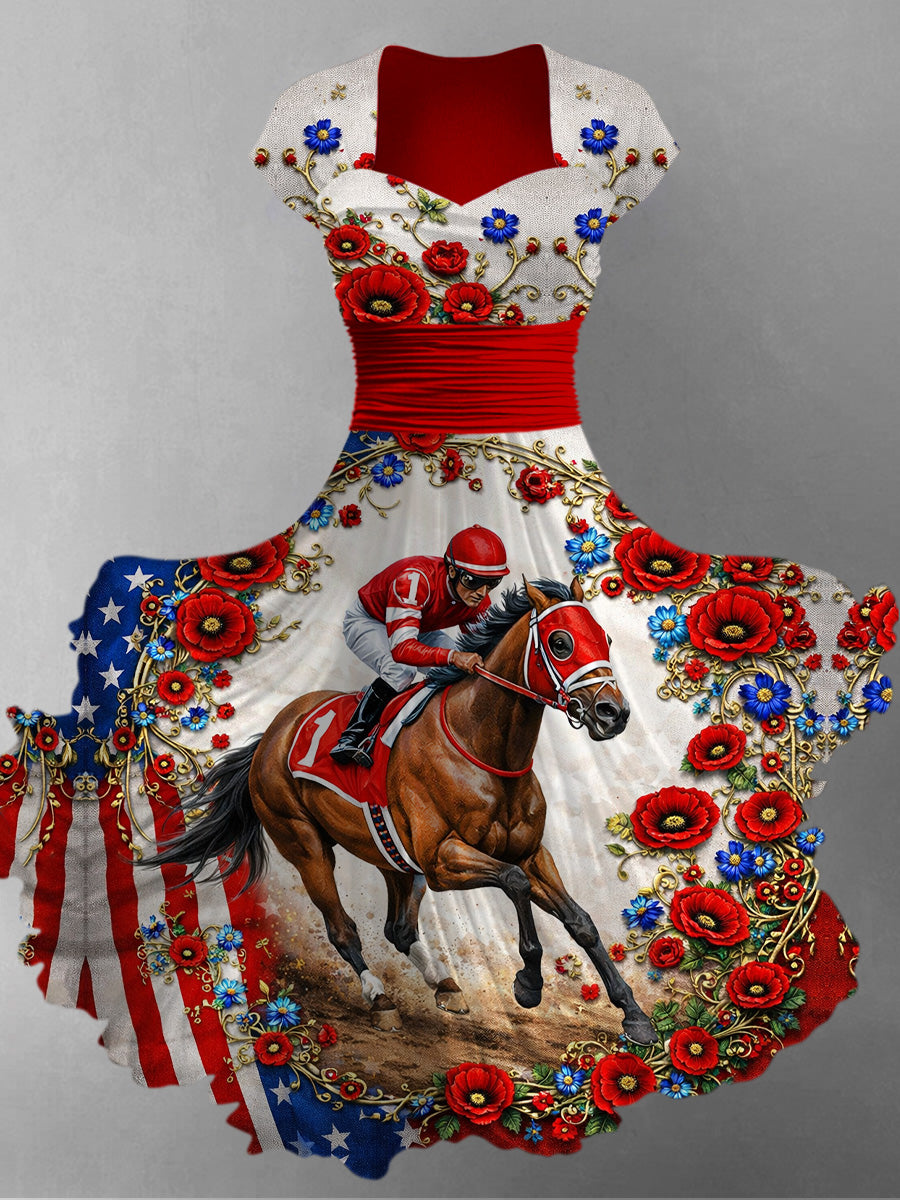 Retro Derby Horse Art Printed Vintage V-Neck Pleated Waist Short Sleeve Midi Dress